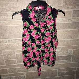 Black tank top with pink roses print
